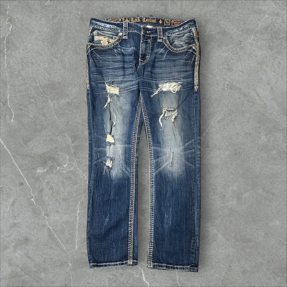 Rock Revival Butterum Straight Jeans Mens 36x32 Blue Distressed Fleur-de-Lis